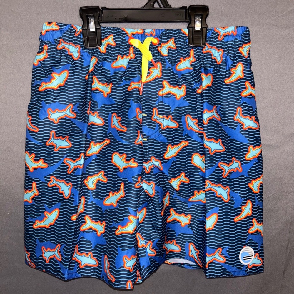Laguna Boys Shark Print Swim Trunks Bathing Suit Blue‎ Orange UPF 50+ Sz L 14/16